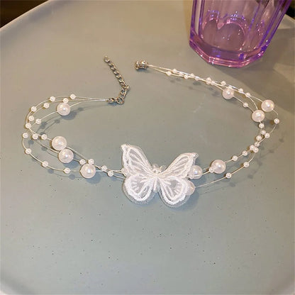 Kawaii Butterfly Choker Necklace with Imitation Pearls & Snake Chain ✨💖 Perfect for Party Vibes!