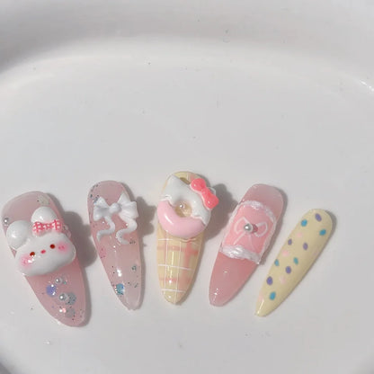 Kawaii 10pcs Rabbit-Themed Press-On Nails 🐰💖 Sweet Pink Almond Acrylics for Parties & Fun! 🎉✨