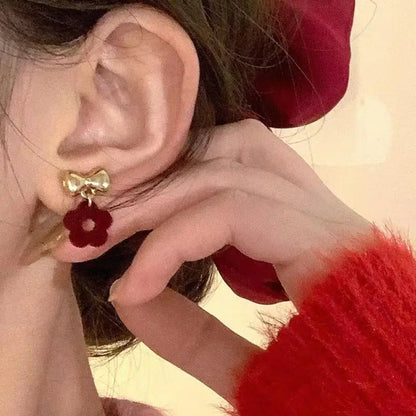 Charming Wine Red Bow Pearl Tassel Earrings 🎀🌟 | Kawaii 2024 Bridal Jewelry ✨