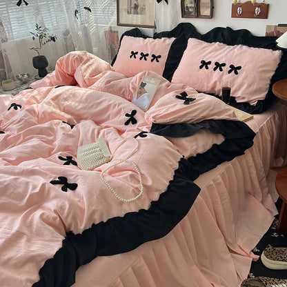 Kawaii Princess Black Bow Bedding Set 🖤✨ Soft Cotton Duvet Cover & Pillowcases for Dreamy Sleep 💤🌸
