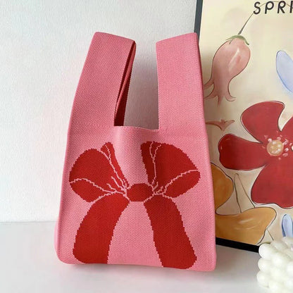 Women Handmade Knot Wrist Bag CNew Bowknot Knit Handbags asual Small Bow Tote Bag Girls Reusable Shopping Bags