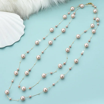 Pink Double Layer Pearl Necklace for Women Sweater Chain Long Statement 💗✨