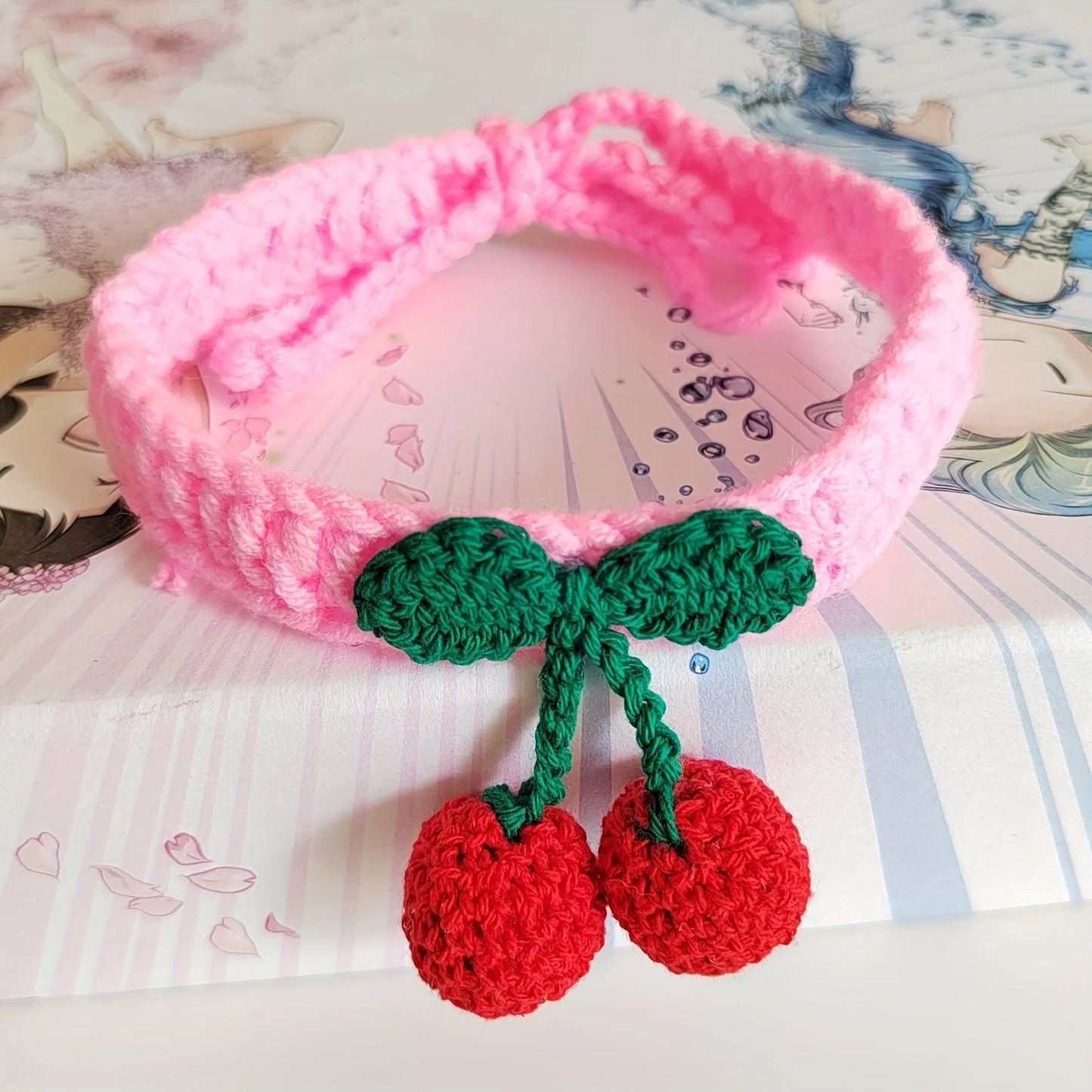 🌸 Adorable Cherry Charm Cat Collar 🌟 Handmade Knitted Cutie for Your Feline Friend 🐾✨