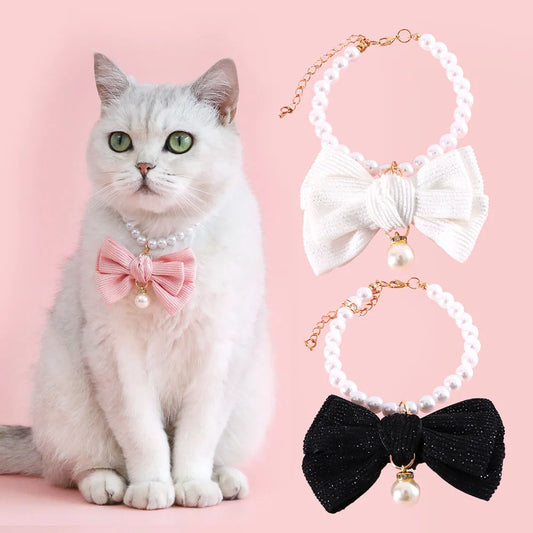 ✨ Sparkling Pet Pearl Collar with Adorable Bowtie 💖 - Bling Jewelry for Your Furry Friends! 🐾