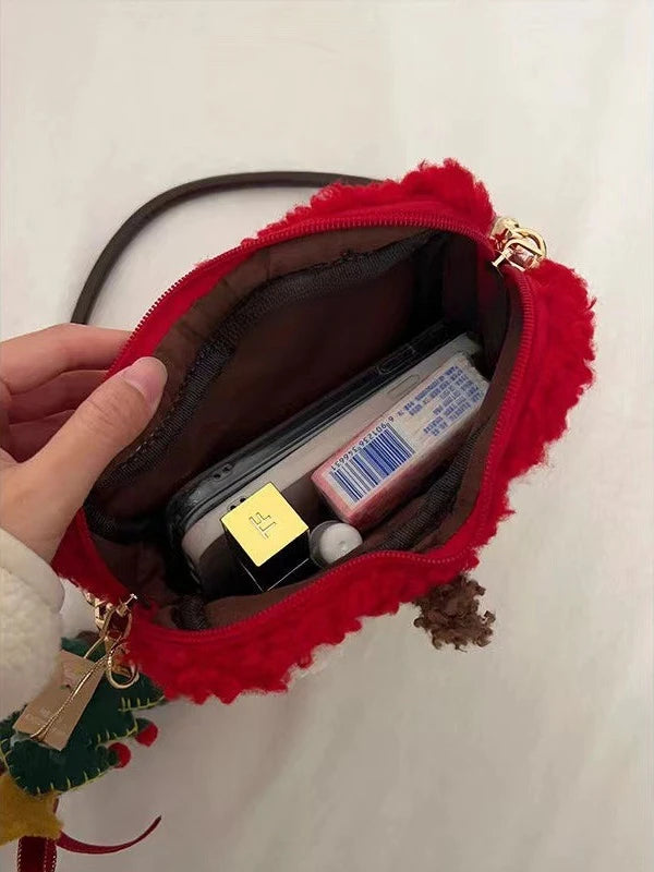 Plush Lamb Wool Apple Handbag Crossbody For Women Christmas Cute Bag 🍎🐑🎄