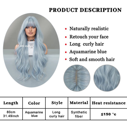 ✨Kawaii Light Blue Wavy Wig 🌊 | Sweet Bangs & Heat Resistant Cosplay Style 💖 | Perfect for Daily Wear & Parties!