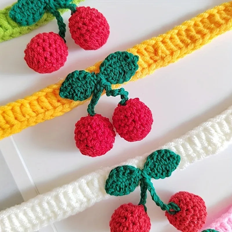 🌸 Adorable Cherry Charm Cat Collar 🌟 Handmade Knitted Cutie for Your Feline Friend 🐾✨