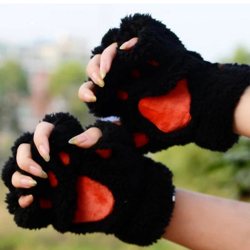 Kawaii Cat Paw Half Finger Gloves 🐾❄️ Cozy & Cute Fluffy Design!