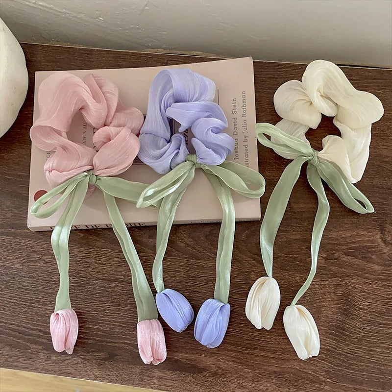 Charming Tulip Bow Scrunchies 🌸✨ Cute Hair Ties for Stylish Girls! 🎀💖 - Pixie Quill