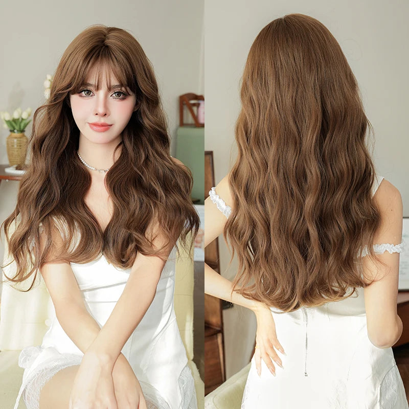 Kawaii Dreamy Sakura Pink Wavy Wig 🌸✨ | High-Density Curly Hair with Bangs for Sweet Girls 💖🎀