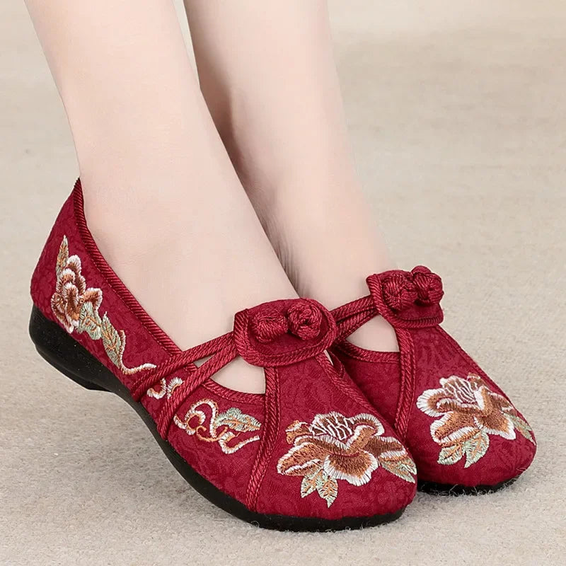 Retro Red Embroidered Ballet Flats Women Casual Anti Skid Hemp Flat Shoes 👡🌸