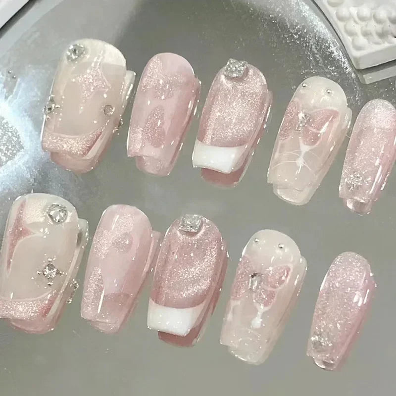 Kawaii Butterfly Dreams 🌸✨ 24pcs Press-On Fake Nails Set with Glue - Adorable Acrylic Tips for Stylish Girls 💖🦋