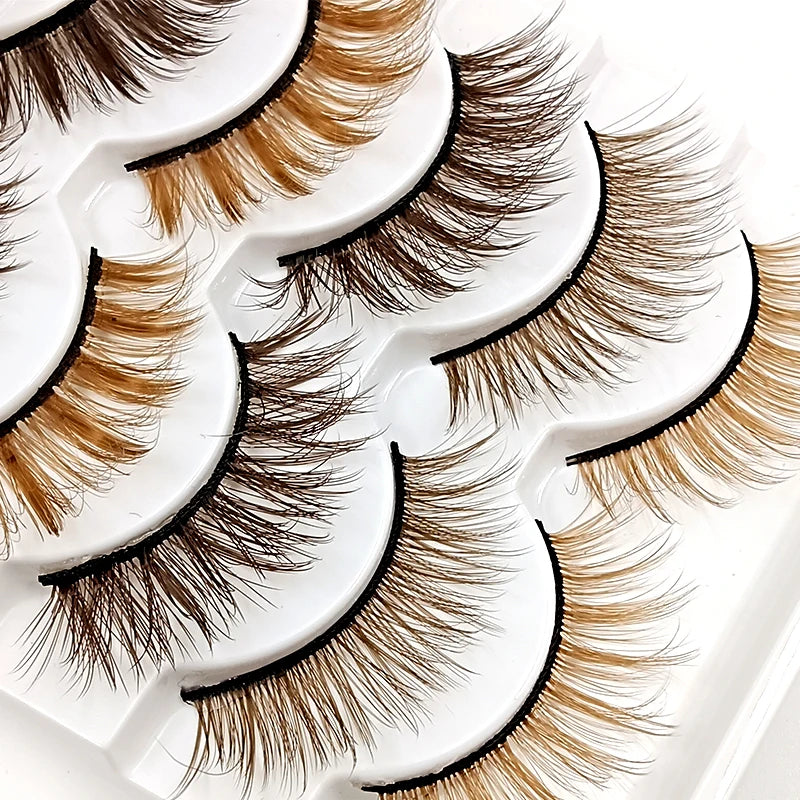 🌈 Kawaii 5 Pairs Faux Mink Brown Strip Lashes ✨ Whimsical Eye Extensions for Fun Looks! 🥳