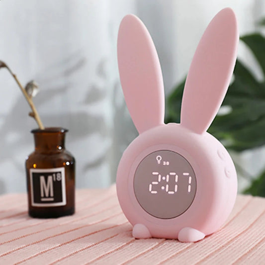 Cute Rabbit LED Alarm Clock 🌟 | Mini Cartoon Night Lamp 🐰 | Rechargeable Sound Control ⏰✨