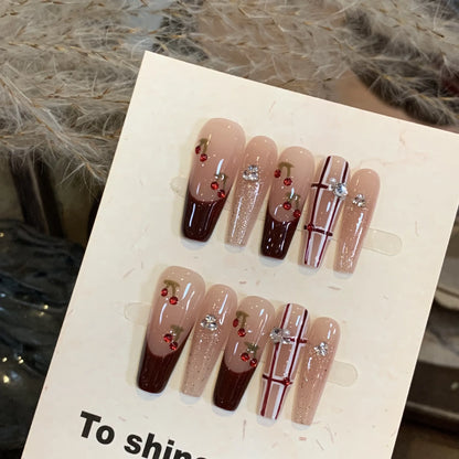 Kawaii Love Bow Rhinestone Press-On Nails 💖✨ | 10Pcs Handmade Coffin Nail Set for Adorable Manicures 💅🌟