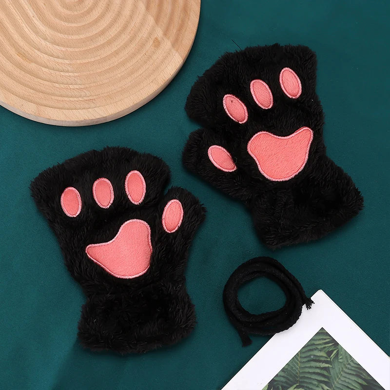 Kawaii Cat Paw Half Finger Gloves 🐾❄️ Cozy & Cute Fluffy Design!