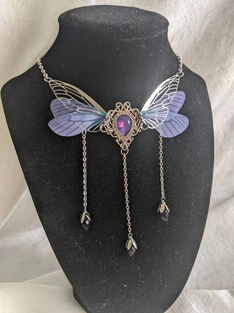 Kawaii Enchanted Faerie Queen Necklace ✨🧚‍♀️ with Wing Charm & Crystal Drops 🌸🌟
