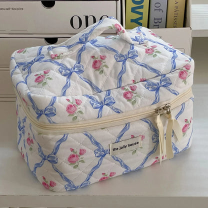 Kawaii Bow Flower Quilted Makeup Bag 🌸✨ | Adorable Zipper Cosmetic Organizer for Girls 🎀💖