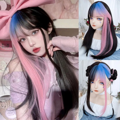 Enchanting Ombre Kawaii Wig 🌈✨ - Long Straight Lolita Style with Bangs in Glacier Blue & Blonde!