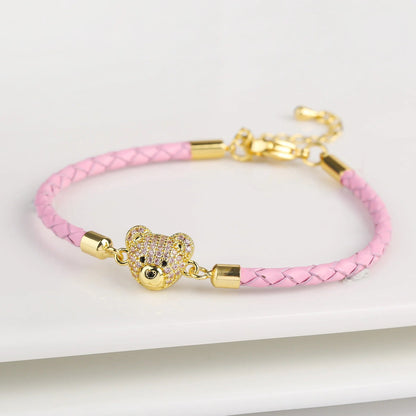 🐻✨ Adorable Bear Zirconia Charm Bracelet - 6 Color Adjustable Leather Rope for Everyone! 🎉🎈