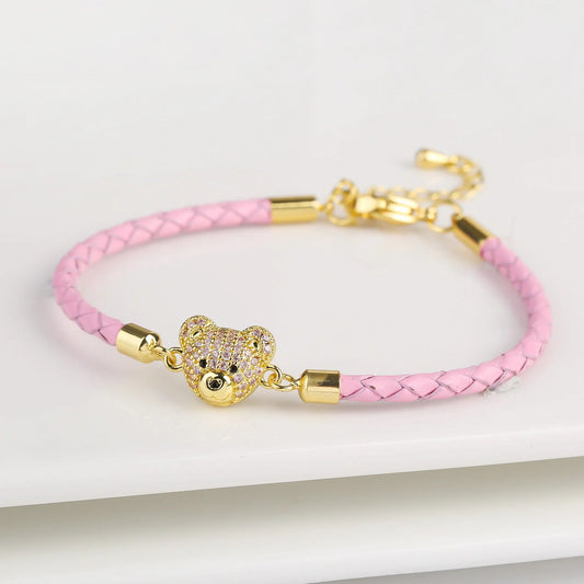 🐻✨ Adorable Bear Zirconia Charm Bracelet - 6 Color Adjustable Leather Rope for Everyone! 🎉🎈