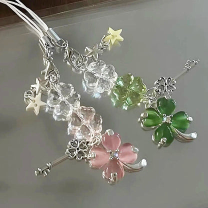 Delicate Pink Green Crystal Lucky Plant Keychain Charm 🍀🌸 Cute Phone Ornament