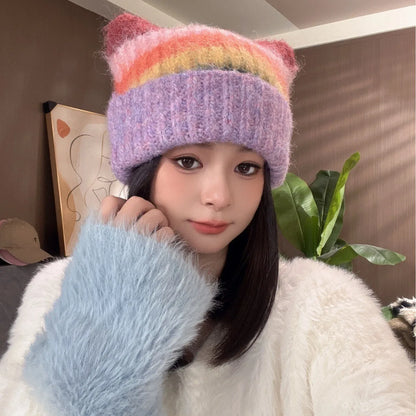 Kawaii Cat Ear Winter Beanie 🐾✨ Cozy Rainbow Knit for Women