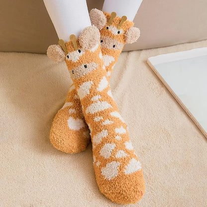 Kawaii Cozy Critter Socks 🐾🧦 | Fuzzy Fluffy Coral Fleece for Adults | Cute Cat, Rabbit, Alpaca & Giraffe Designs for Winter Warmth ❄️✨