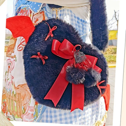 Kawaii Plush Heart Shoulder Bag 💖✨ | Fluffy Bow Armpit Bag 👜 | Cute Winged Lolita Aesthetic Fashion
