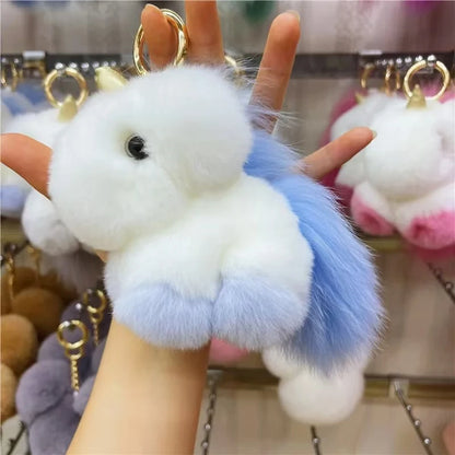 Kawaii Fluffy Unicorn Keychain Charm 🦄✨ Real Rabbit Fur Backpack Clip & Handbag Accessory for Girls & Women