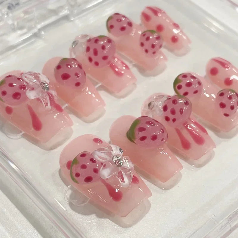 Kawaii Strawberry Dream 🌸🍓 10pcs Handmade Pink Coffin Press-On Nails - Sweet 5D Decor for Cute Manicures!