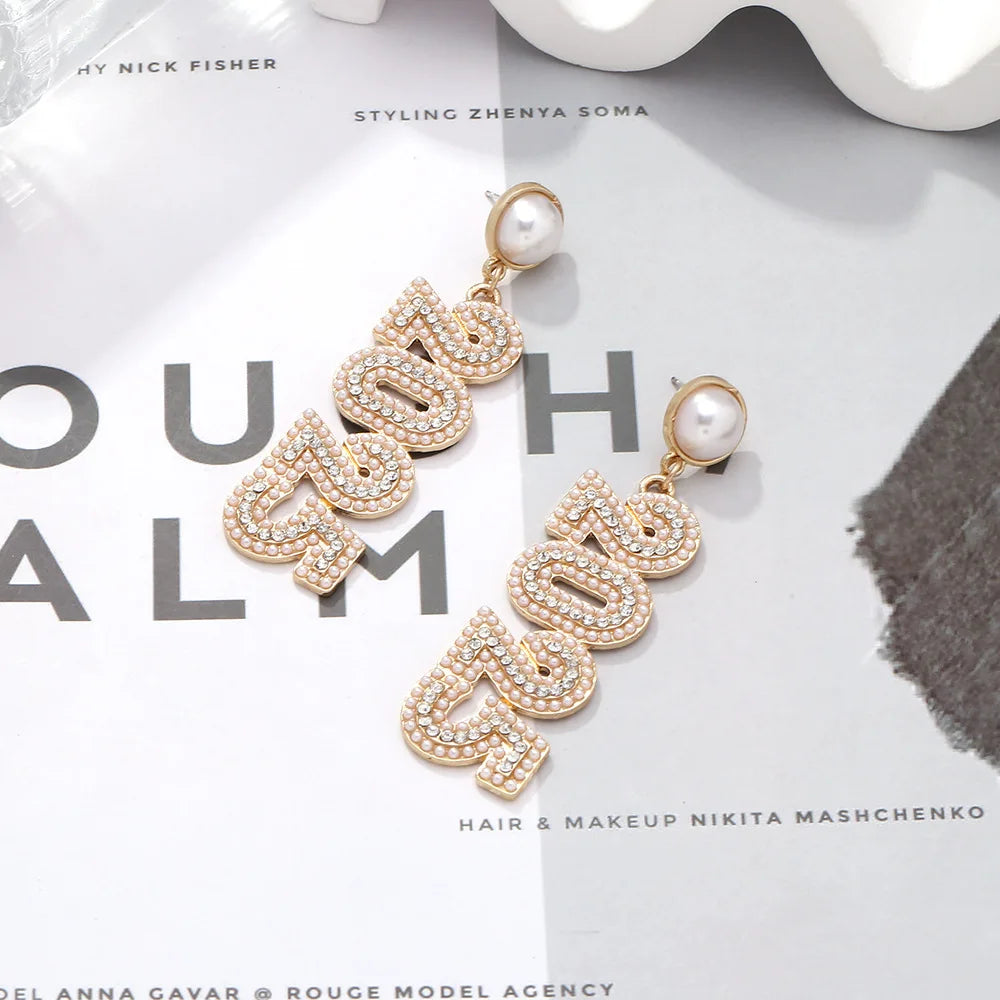 Kawaii 2025 Number Stud Earrings 🌟✨ Cute Long Rhinestone & Pearl Accents for Women 🎉 Perfect Gift for Friends & Family! 🌈