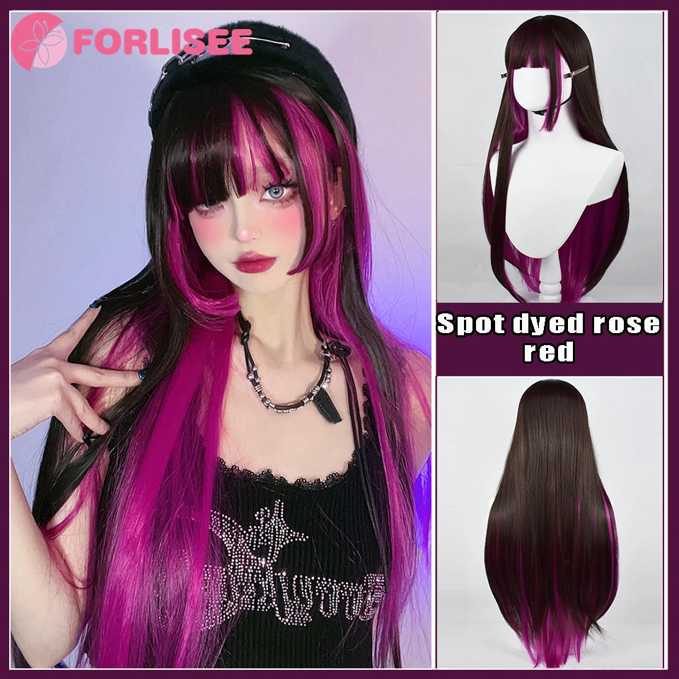 Kawaii Magic! 🌸✨ FORLISEE Black & Pink Long Straight Wig with Bangs - Perfect for Cosplay & Sweet Lolita Looks! 💖🎀