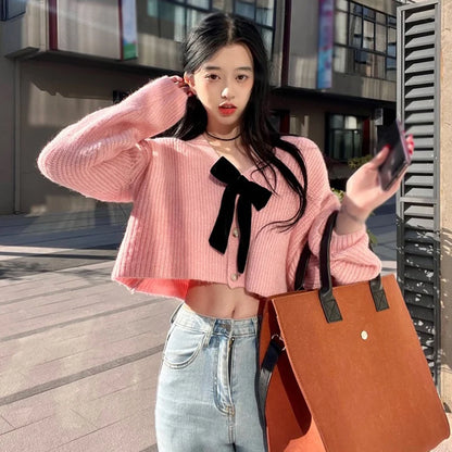Kawaii Bow V-Neck Cardigan Sweater 🌸✨ | Cozy Long Sleeve Top for Sweet Style 🍭💖