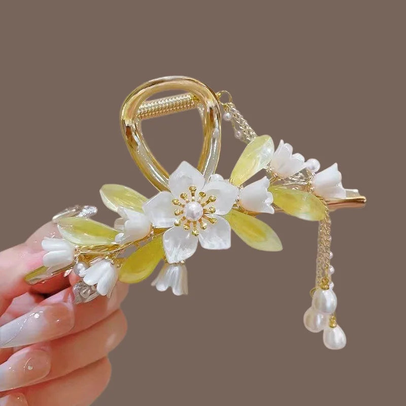 Kawaii Orchid Flower Pearl Tassel Hair Clip 🌸✨ | Adorable Ponytail Grabber for Girls | Trendy Fashion Hair Accessory!