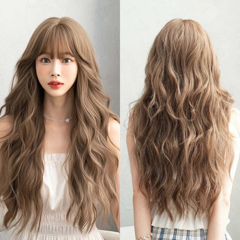 Kawaii Dreamy Sakura Pink Wavy Wig 🌸✨ | High-Density Curly Hair with Bangs for Sweet Girls 💖🎀