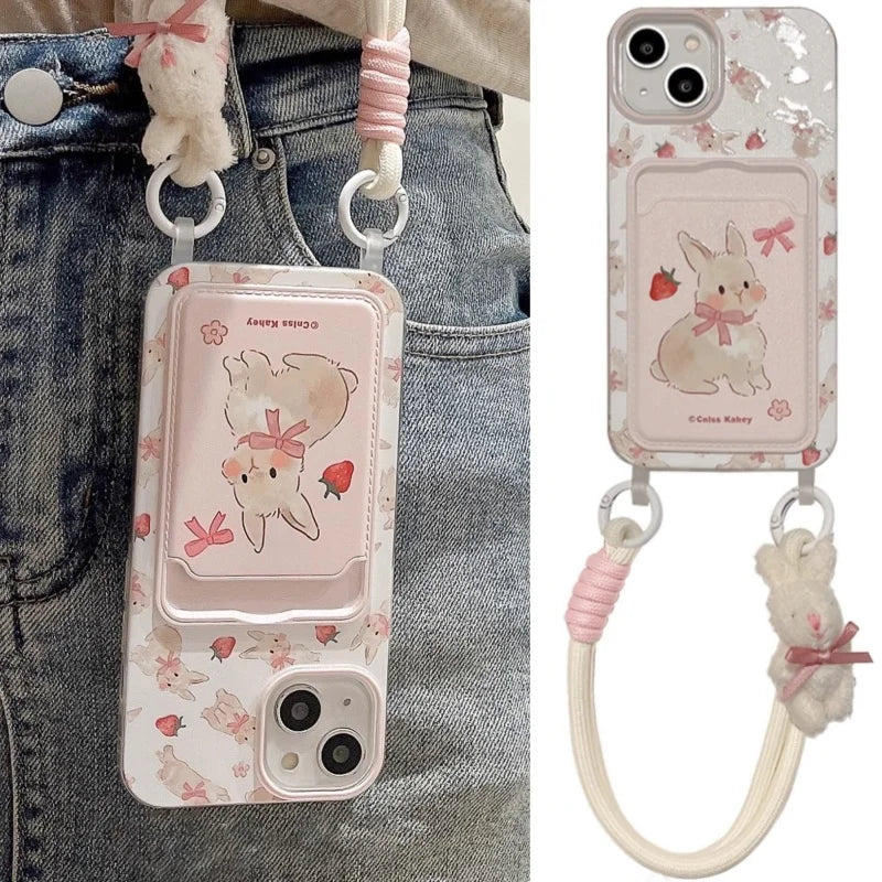 🍓🐰 Adorable Strawberry Bunny Phone Case with Lanyard for iPhone 15 & 14 Plus! 🌟📱