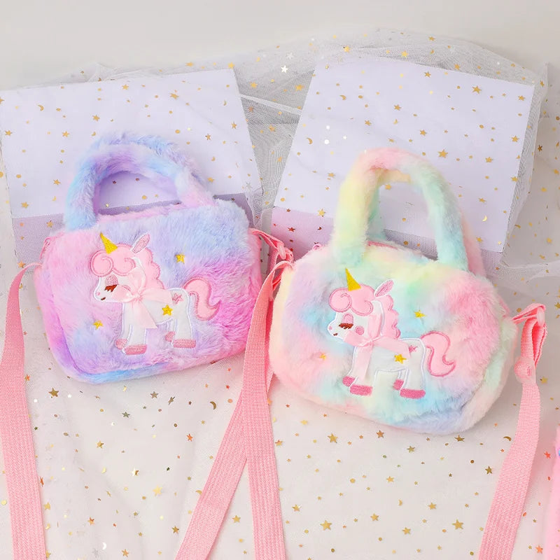 Kawaii Unicorn Plush Crossbody Purse 🦄✨ Fluffy Rainbow Handbag for Little Girls 🌈💖 Cute Cartoon Furry Shoulder Bag