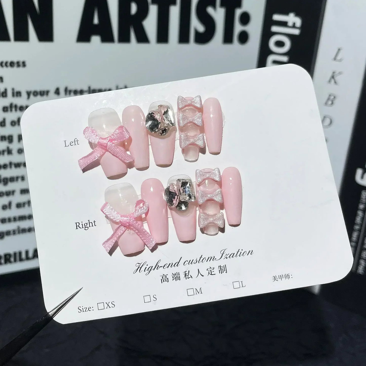 Kawaii 3D Press-On Nails Set 💖✨ - 10Pcs with Love Hearts, Moon, Butterfly & Rhinestones 🌙🦋 - Perfect for Nail Art Lovers!