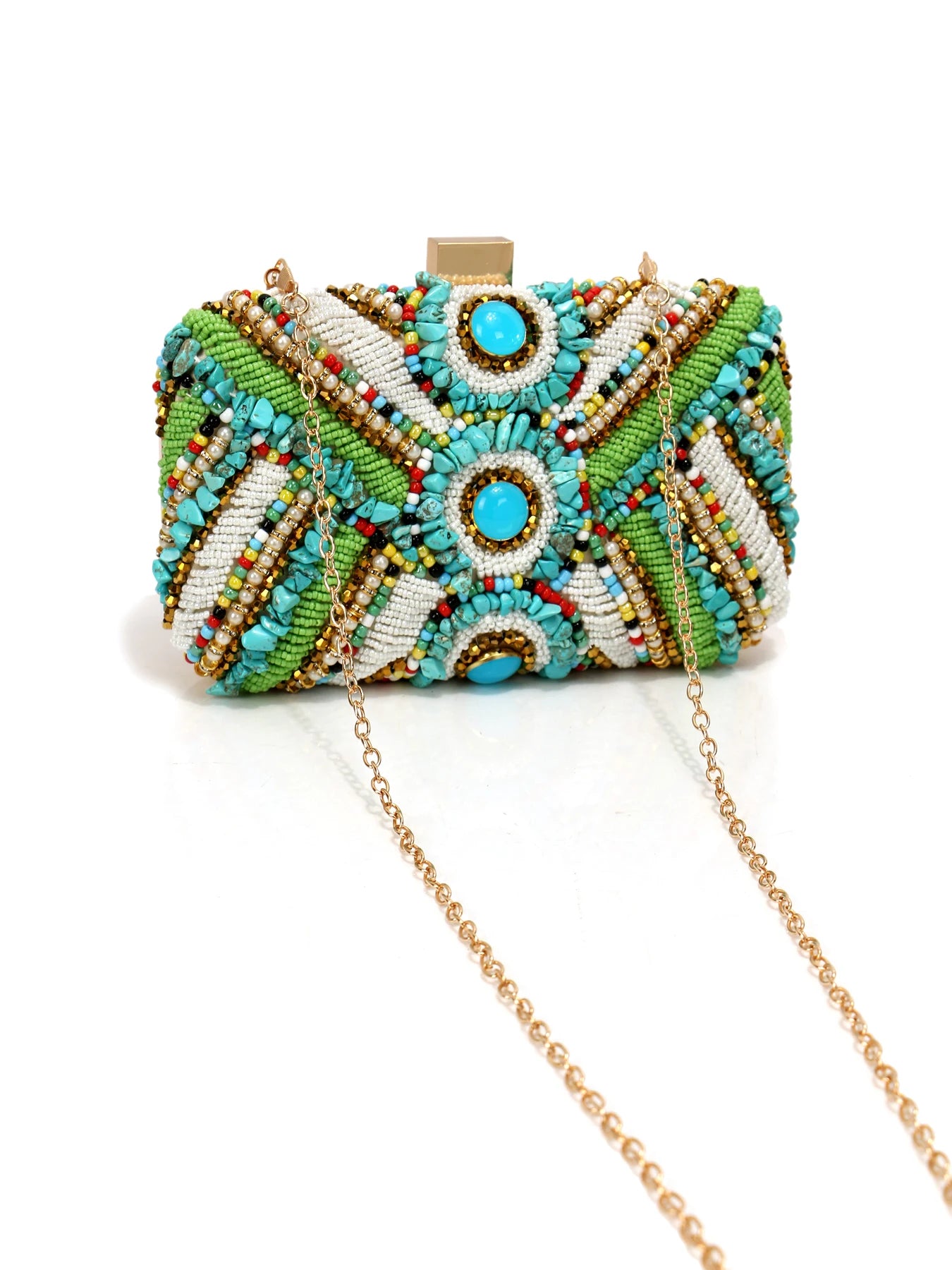 Emerald Green Beaded Embroidery Evening Clutch With Flap And Chain 🎀✨
