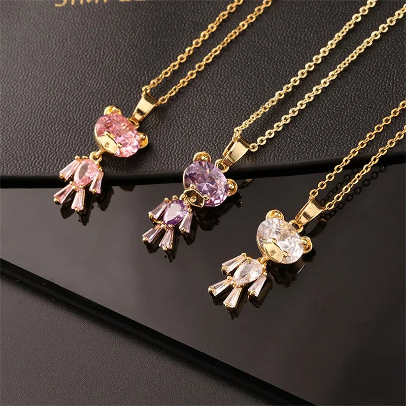 Pink Zircon Necklace Personalized 🐰🌸 Animal Clavicle Chain Stainless Steel
