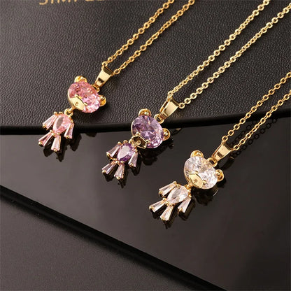 Pink Zircon Necklace Personalized 🐰🌸 Animal Clavicle Chain Stainless Steel