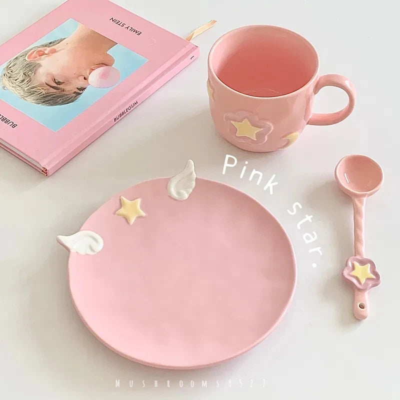 Pink Winged Tea Set ☕🌸 - 3D Star Mug & Saucer with Spoon ✨