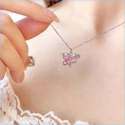 Kawaii Pink Planet Heart Zircon Pendant Necklace 🌟💖 | Trendy Clavicle Chain for Fashionable Women | Perfect Valentine's Day Gift 🎁✨