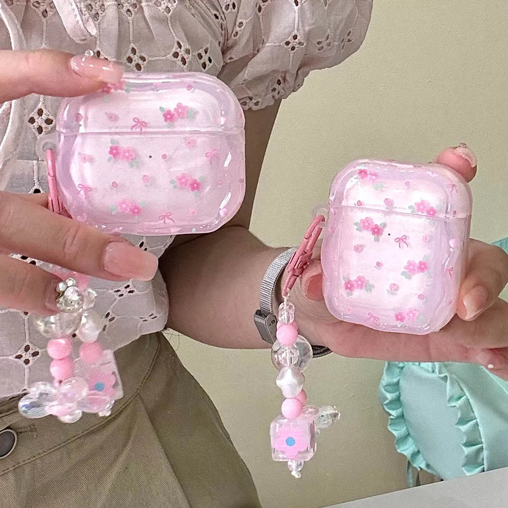 Cute Pink Flower Pattern Headphones Case For Airpods Pro 2nd 3rd Generation Soft Cover For AirPods 1 2 3 With Pearl Keychain - Pixie Quill