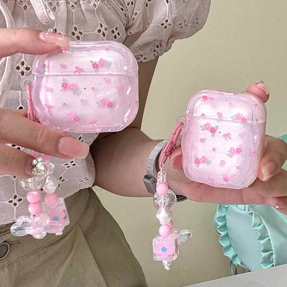 Cute Pink Flower Pattern Headphones Case For Airpods Pro 2nd 3rd Generation Soft Cover For AirPods 1 2 3 With Pearl Keychain - Pixie Quill