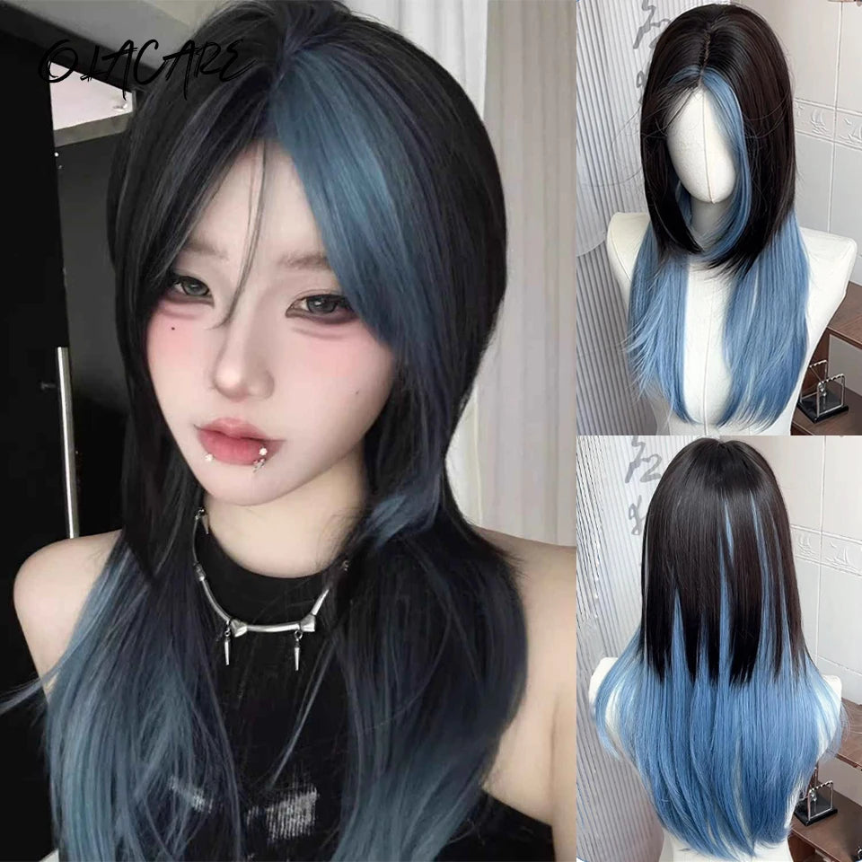 Enchanting Ombre Kawaii Wig 🌈✨ - Long Straight Lolita Style with Bangs in Glacier Blue & Blonde!