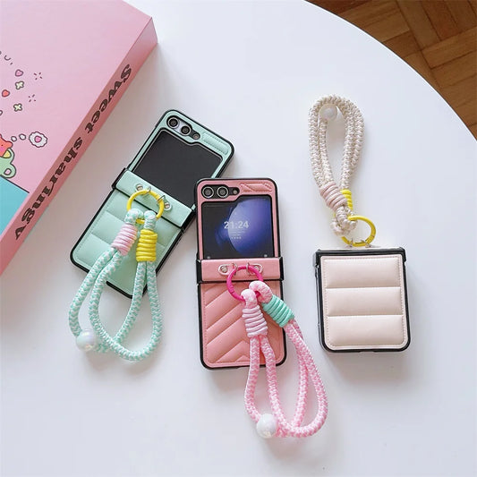 Kawaii Cozy Down Jacket PU Leather Case with Cute Wrist Strap for Samsung Galaxy Z Flip 6/5/4/3 📱✨