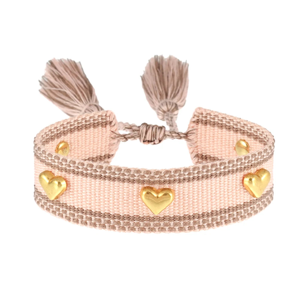 Kawaii Heart Studded Woven Bracelet 🌈✨ | Vintage Tassel Charm for Trendy Arm Stacking 💖