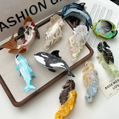 Ocean Friends Hair Claw Clip Acetate Dolphin Seahorse Jellyfish Clip For Women 🐬